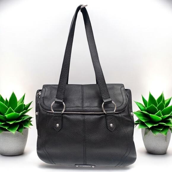 B Makowsky Black Leather Shoulder Bag Foldover Tote BM40415M - Picture 1 of 13